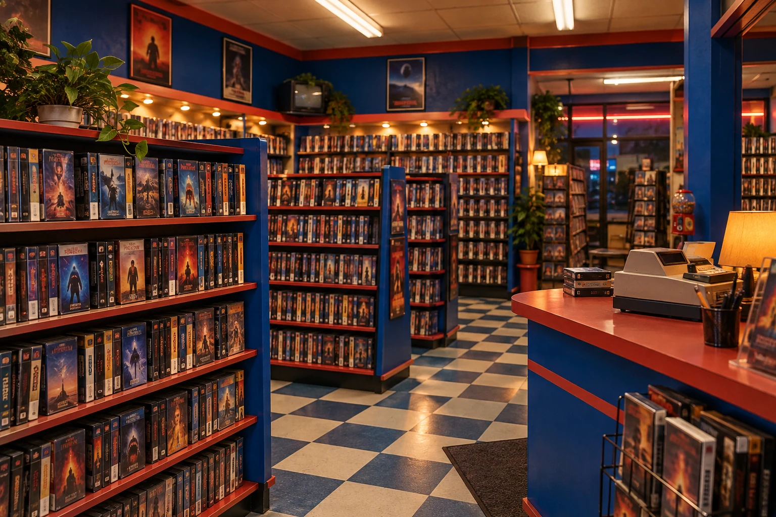 A cozy neighborhood video store with shelves of VHS tapes, blue walls, and warm evening light